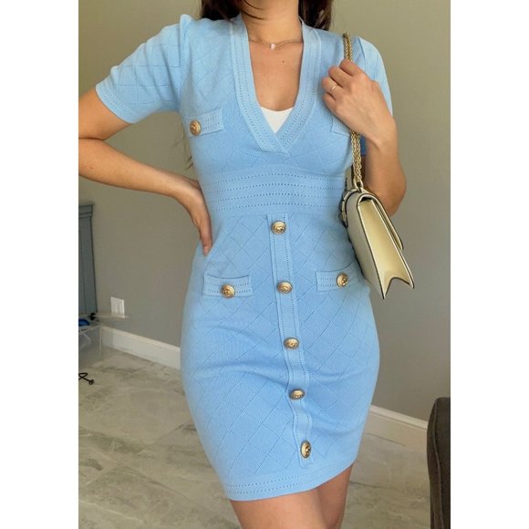 DAIMARAN Dresses & Skirts - DAIMARAN Tokyo Women's Dress Bodycon Light Blue Short Sleeve With Buttons S